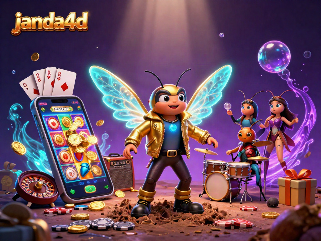 Janda4d menampilkan cicada rock star 3D, permainan slot, dan koin emas di latar magis.