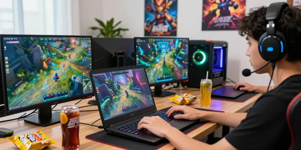 Pengguna situs jptoto bermain game online dengan penuh fokus di laptop mereka.