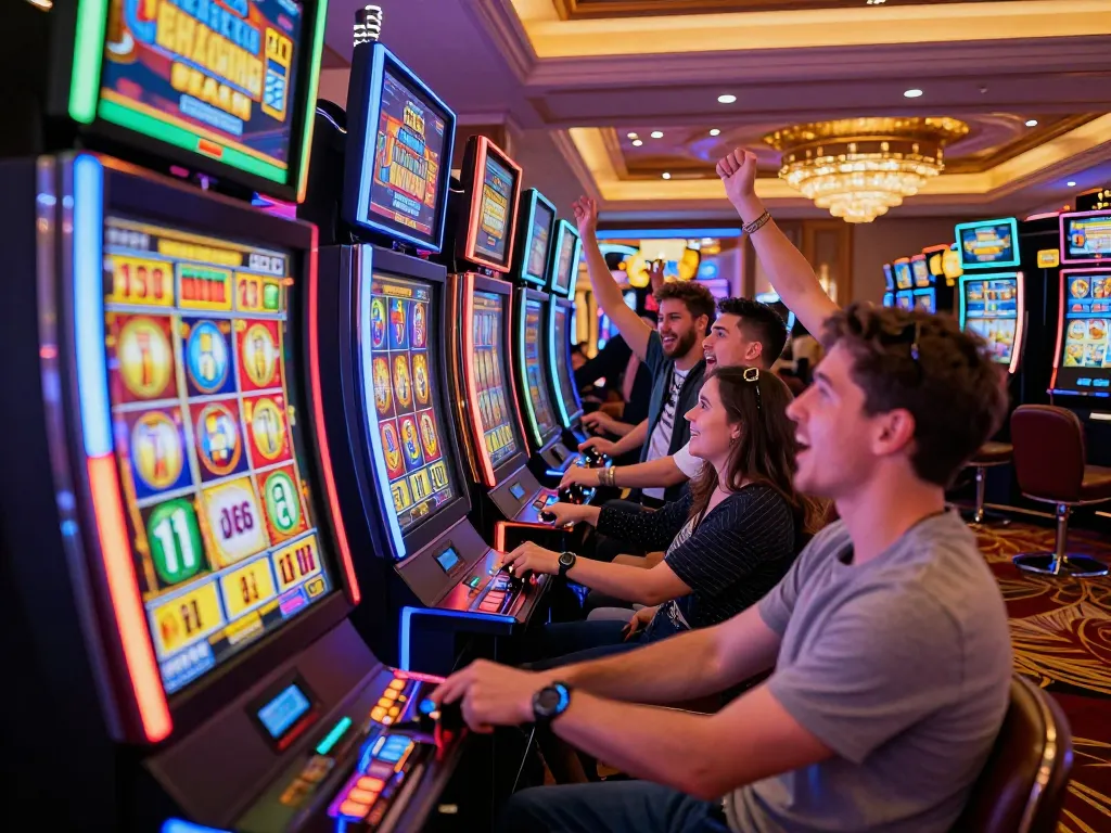 Players enjoying excitement at slot machines in vibrant casino while using jproyal features.
