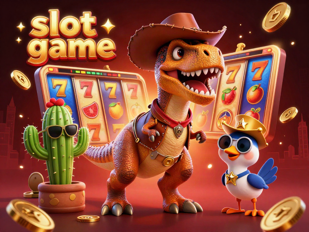 Engage in thrilling slot game action with cartoon characters in a vibrant casino scene filled with slot reels and jackpot symbols.