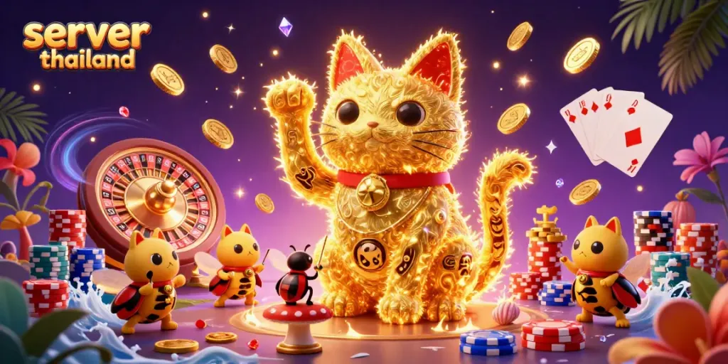 Experience the allure of server thailand with a vibrant 3D casino scene featuring a lucky cat and dynamic gaming elements.