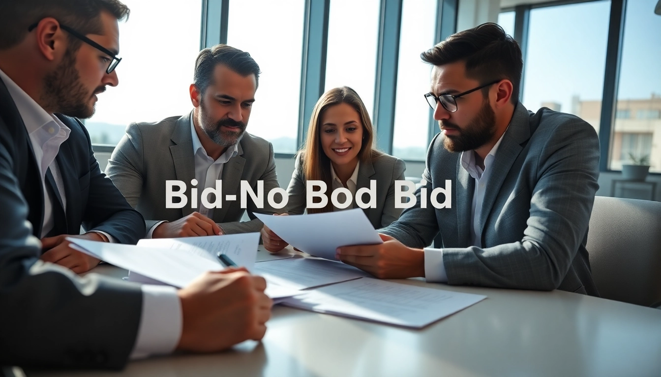 Engaged team analyzing Bid-No-Bid Analysis in a modern office setting.