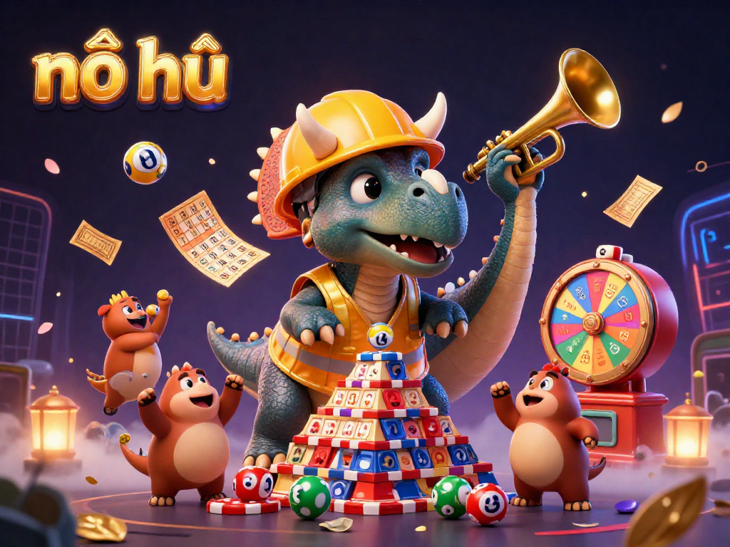 Nổ hũ presents a vibrant casino celebration scene featuring a triceratops and lottery elements, depicting excitement and winning potential.