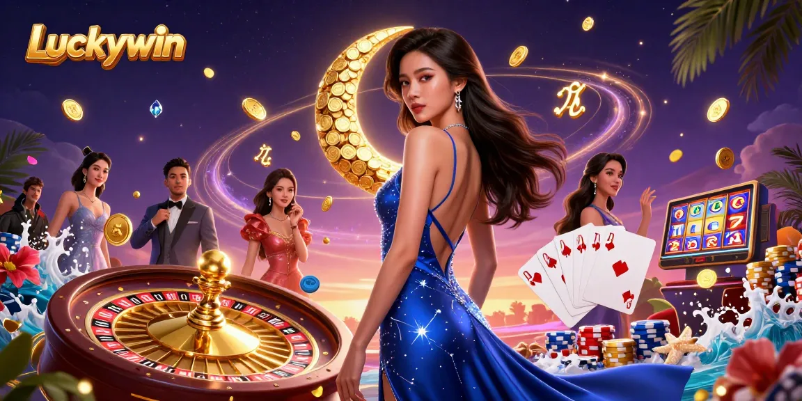 Experience Luckywin's thrilling casino atmosphere with elegant characters and vibrant game elements.