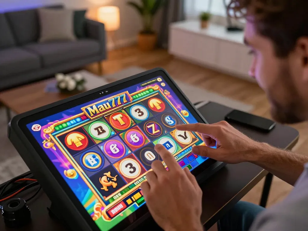 Engaging with mau777 slot app on smartphone in a vibrant gaming atmosphere.