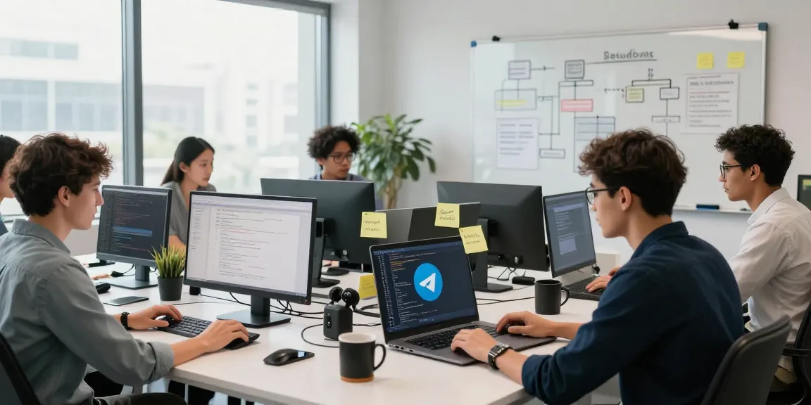 Innovative workspace with developers collaborating on 纸飞机中文版 projects in a modern office.