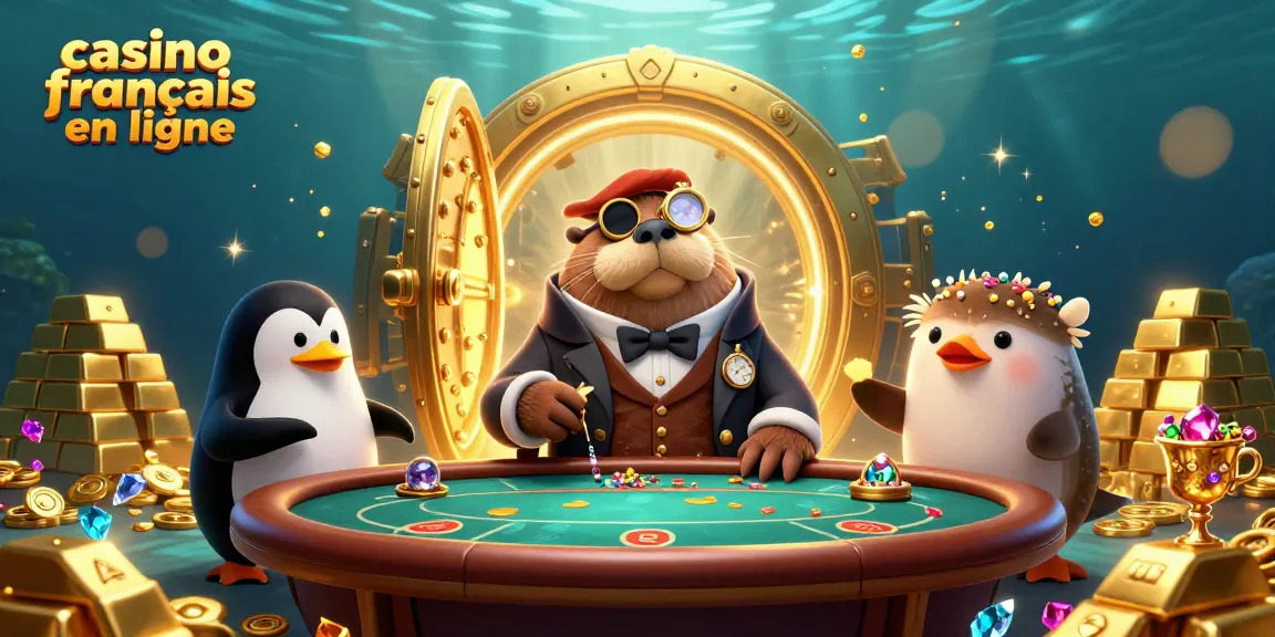 Découvrez l'excitation du casino francais en ligne avec un phoque joyeux et ses amis à une table de poker sous-marine.