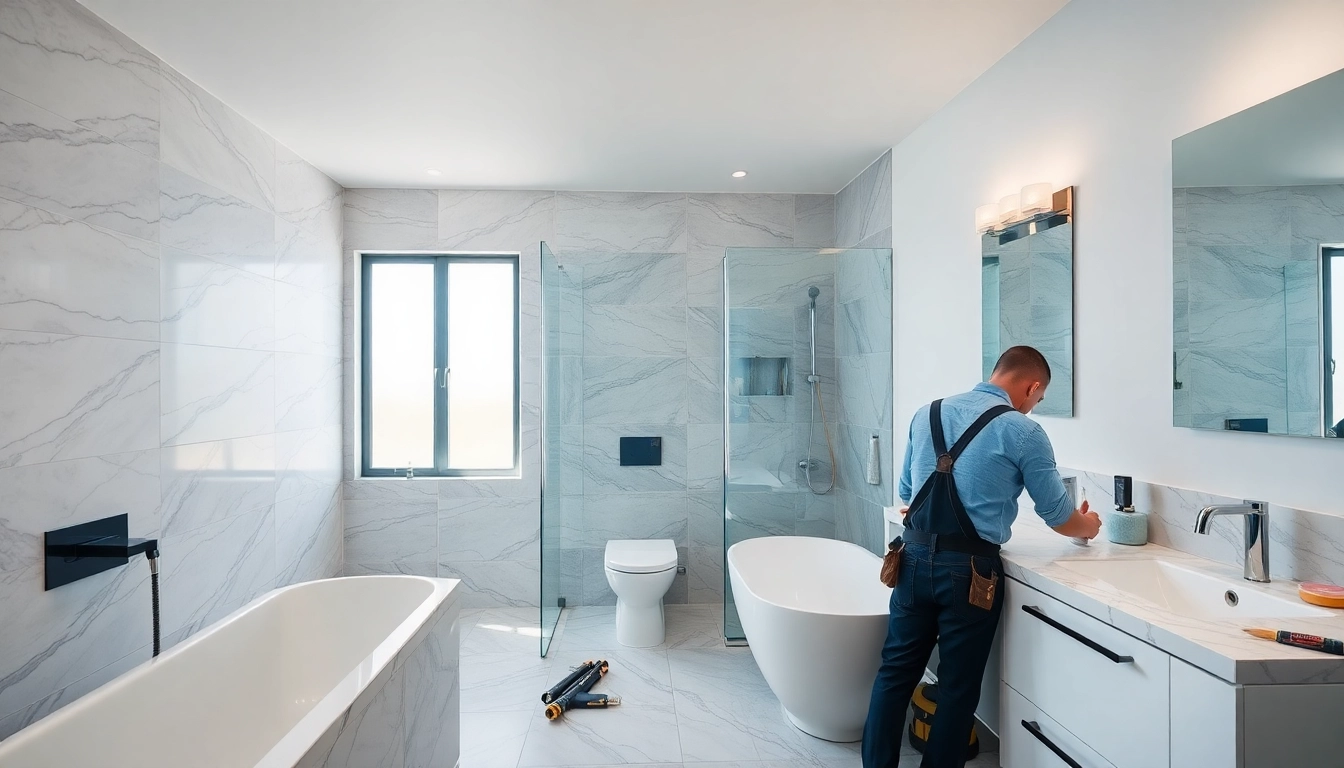 Bathroom remodeling contractors at work in a stylish bathroom renovation project.