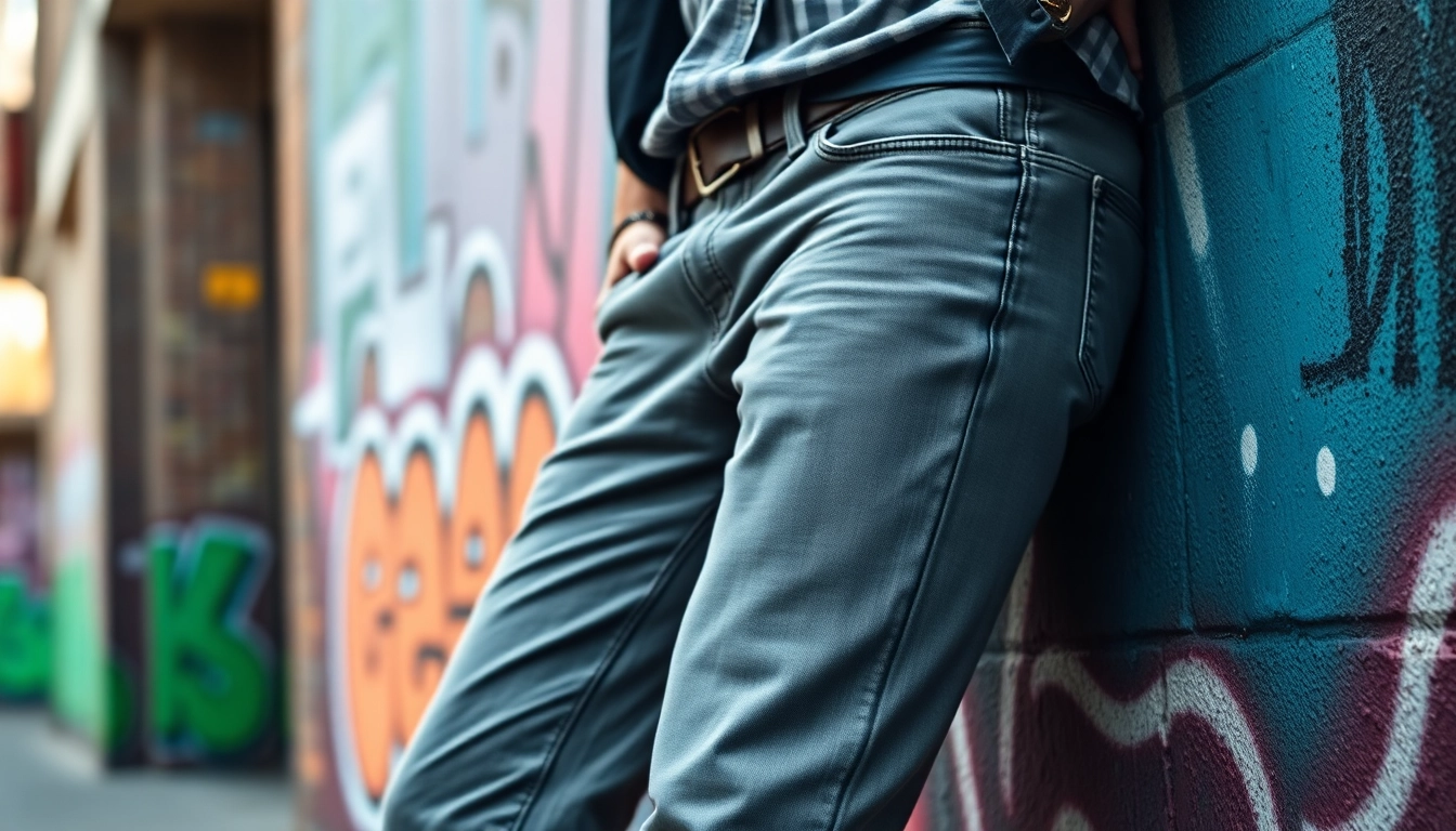 Grey jeans men showcased against vibrant urban street art in a stylish setting.