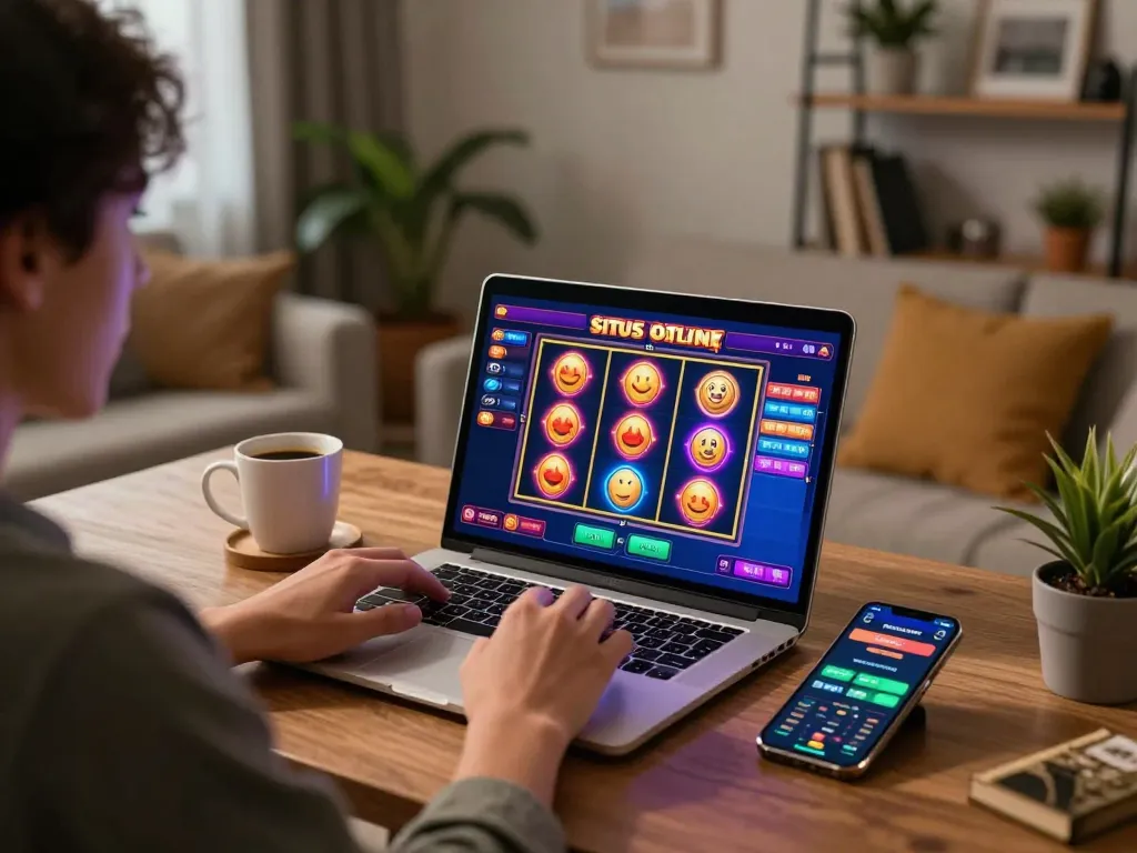Engaging in situs slot gameplay on a laptop at home to enhance online casino strategy.