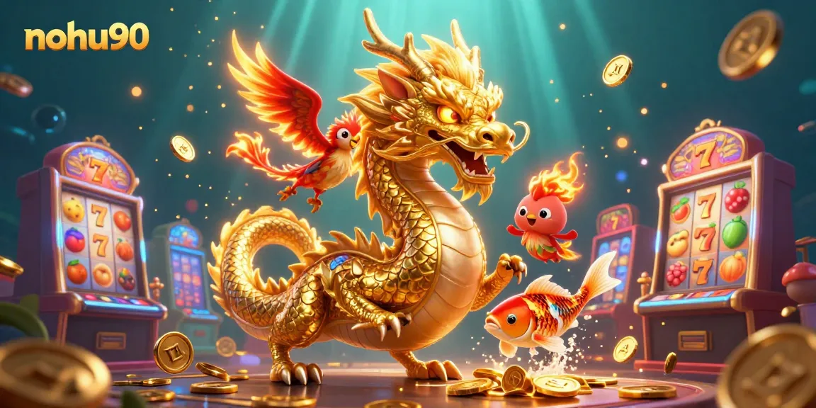 Experience vibrant casino excitement with nohu90 as playful 3D characters and slot machines fill the scene.