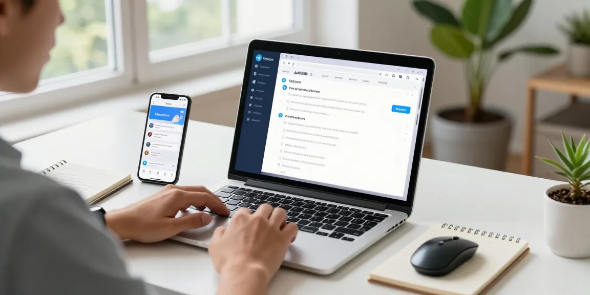 Person engaging with the telegram中文 app on laptop in a stylish home office.