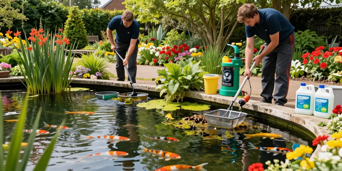 Professional Pond Cleaning Essex featuring experts cleaning a vibrant garden pond with aquatic plants and koi fish.