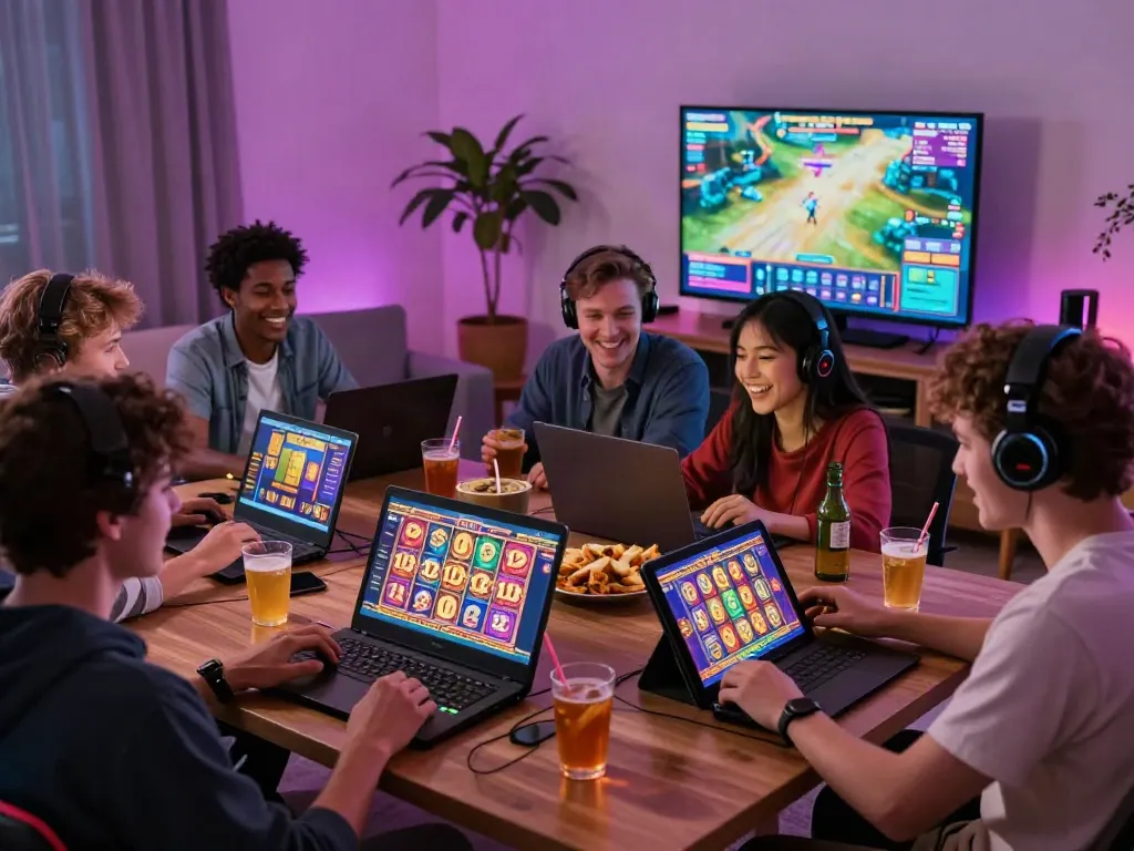 Exciting group gaming session with luxury12 slots on screens, drinks, and laughter.