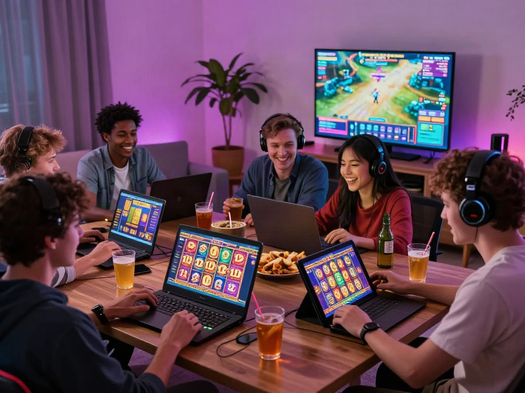 Exciting group gaming session with luxury12 slots on screens, drinks, and laughter.