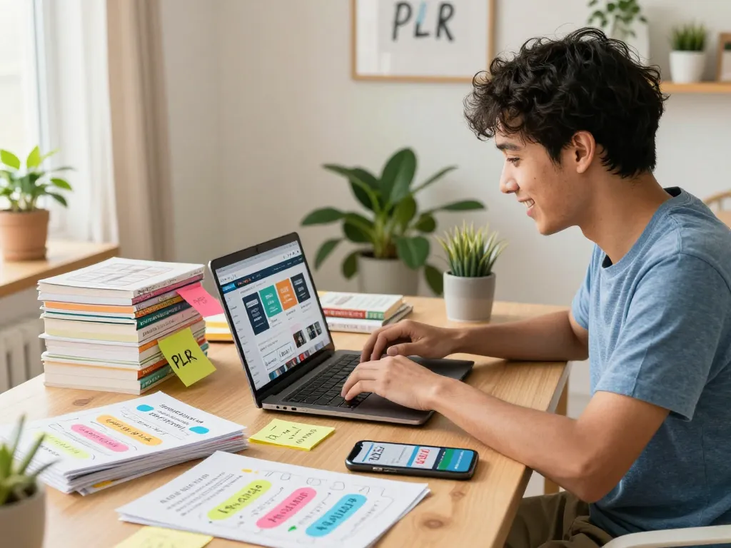 Buy PLR Products Online in a vibrant home office with ebooks and marketing materials.