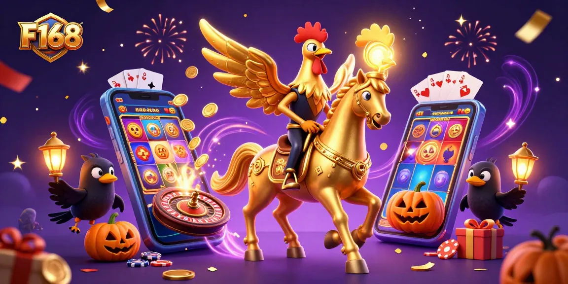Win big at F168 with vibrant casino illustration featuring a golden rooster in a magical setting.