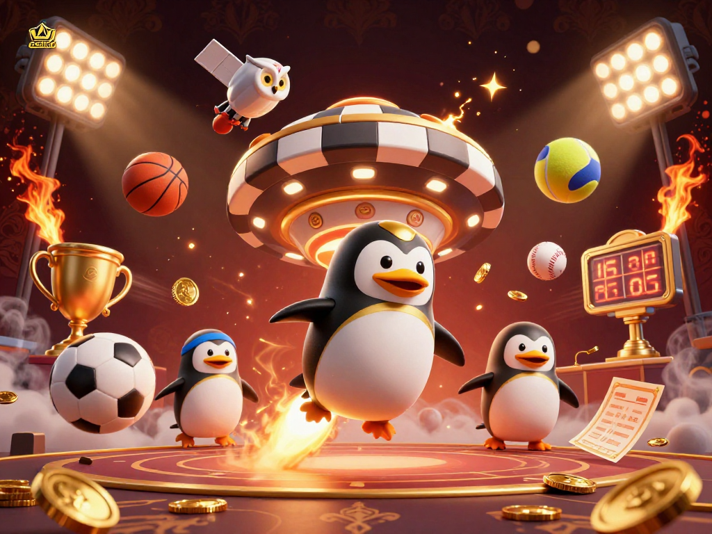 Experience thrilling casino action as a golden penguin rocket soars past a sparkling poker chip station.