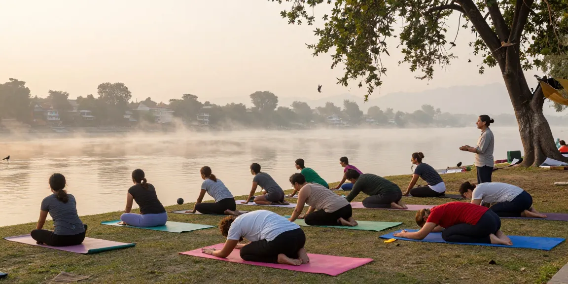 Students participating in a yoga teacher training course in India by the Ganges River during sunrise