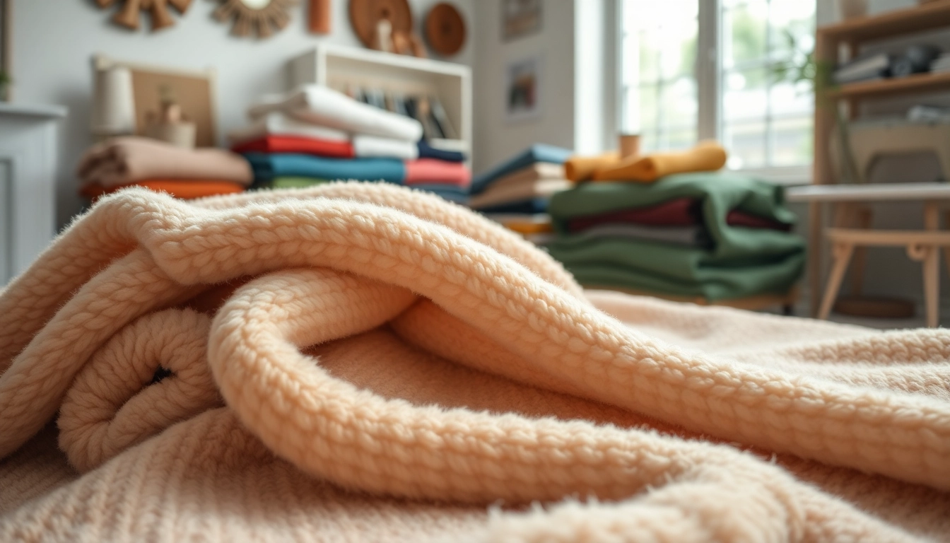 Fleece stof in een gezellige setting met kleurrijke kleding en accessoires.