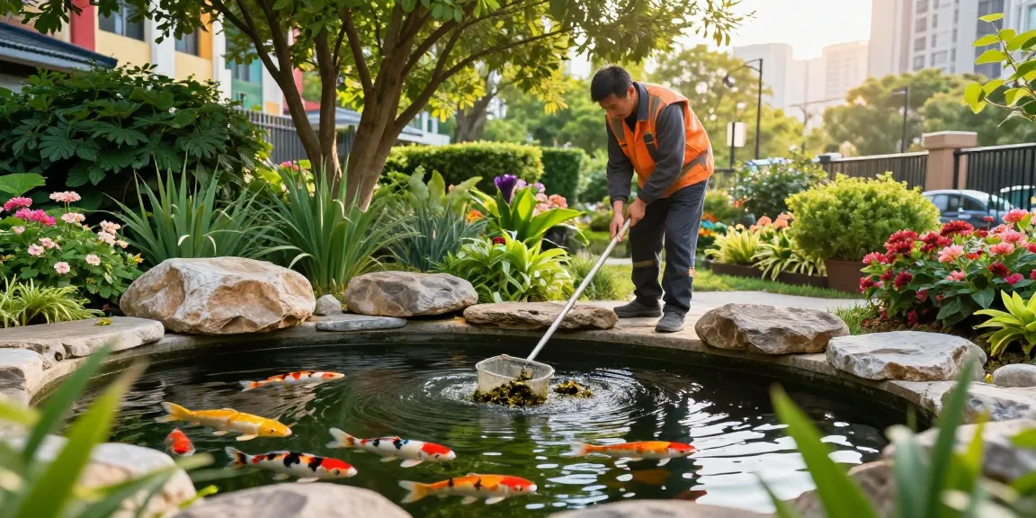 Pond Clean London: Professional pond cleaner servicing a vibrant urban pond with koi fish and greenery