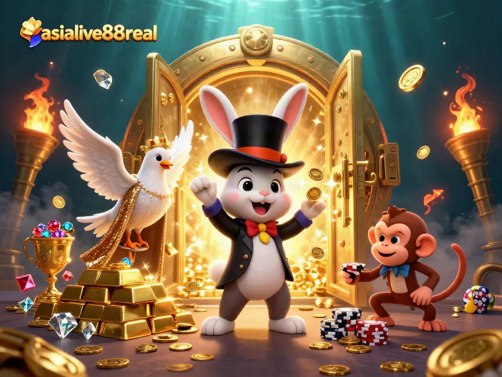 Experience the magic of asialive88real with a 3D casino-themed illustration showcasing playful characters and treasure elements.