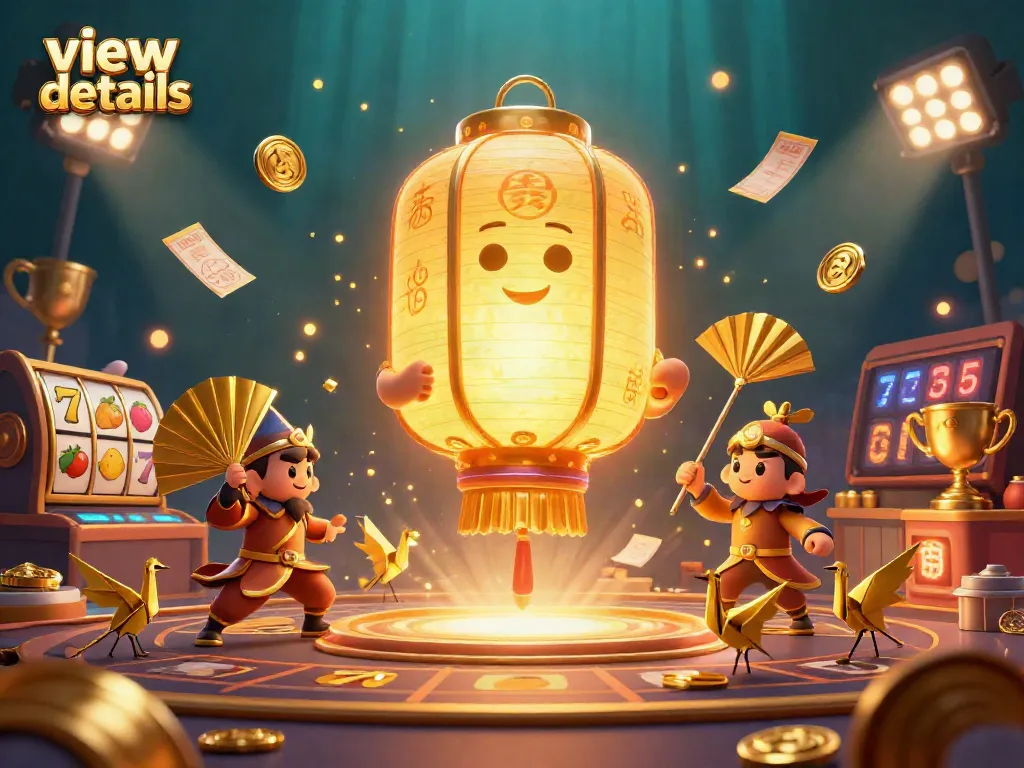 Engage with the view details scene showcasing a glowing lantern spirit amidst slot reels and vibrant casino elements.