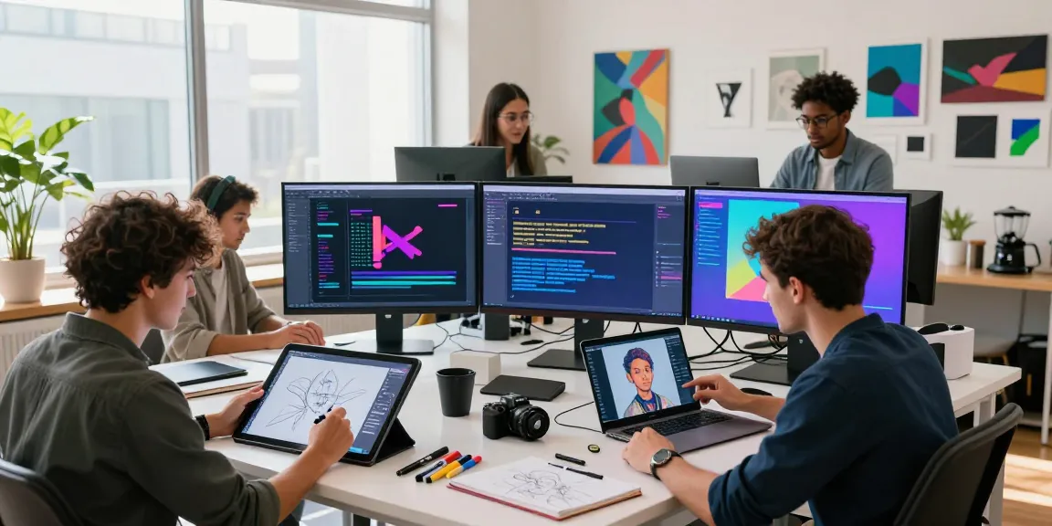 Creative team collaborating to generate AI prompt images in a vibrant digital art studio