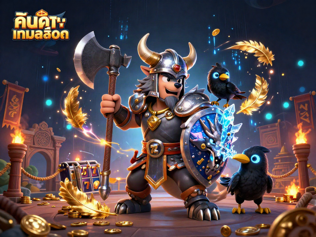 Viking warrior and dragon in an action-packed gaming scene, searching for ค้นหาเกมสล็อต amidst vibrant casino elements.