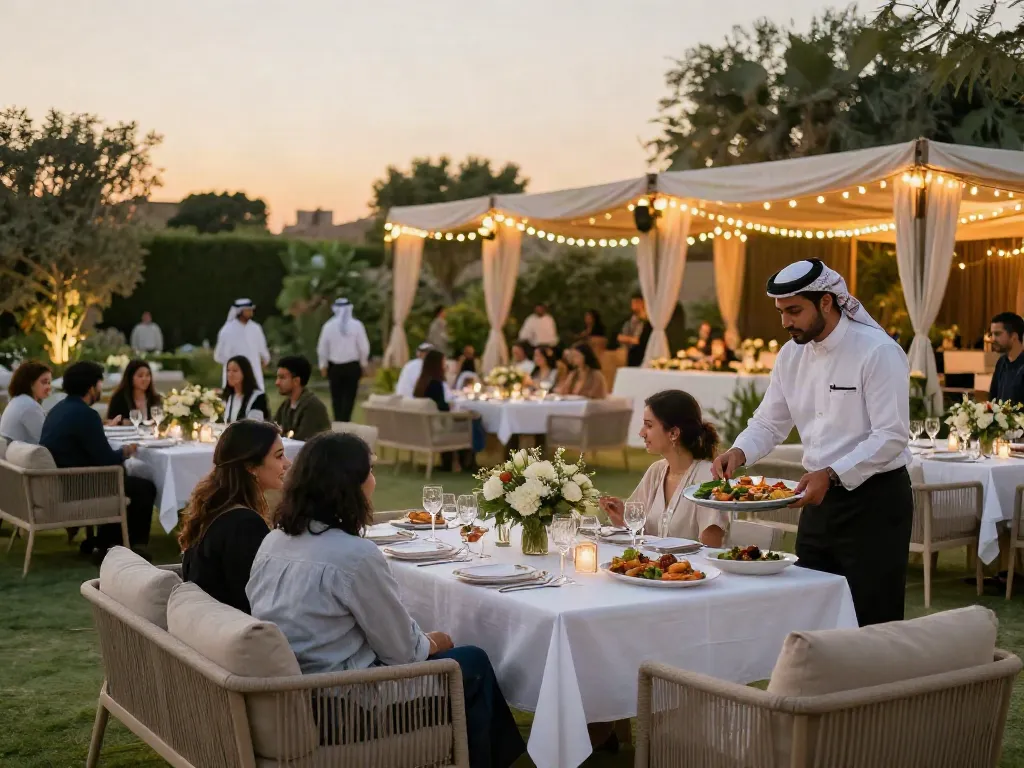 Event rental ksa premium outdoor setup with luxurious dining and lounge furniture in Saudi Arabia