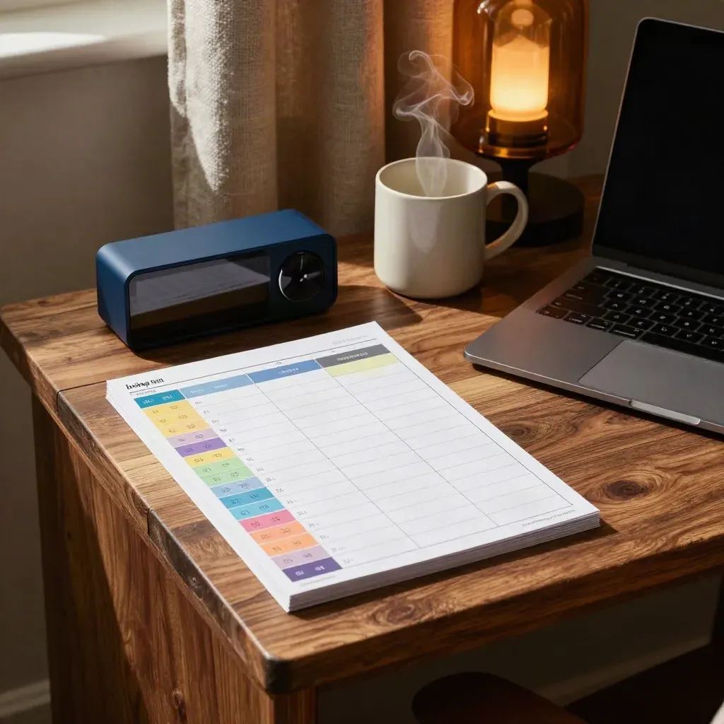 Color-coded planning cards, navy timer, steaming mug, and shut laptop on a walnut ledge.