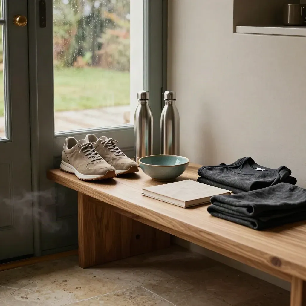 Habit station by a kitchen door with aligned shoes, water bottle, journal and folded workout layer.