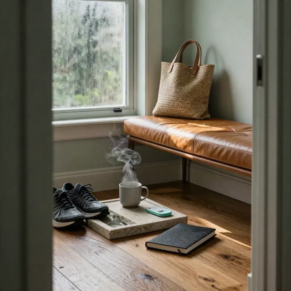 Rainy dawn entryway with journal, shoes, mug and timer on a leather bench