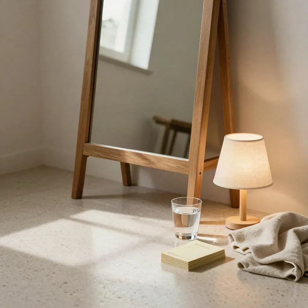 Mirror rehearsal nook with lamp, water glass, and face-down cards on travertine floor.