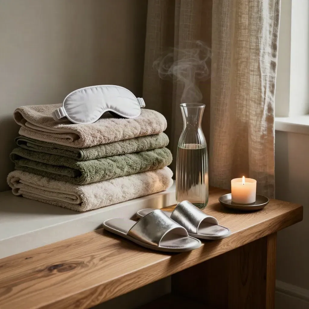 Routine corner with towels, sleep mask, carafe, slippers, and candle tray in moody light.