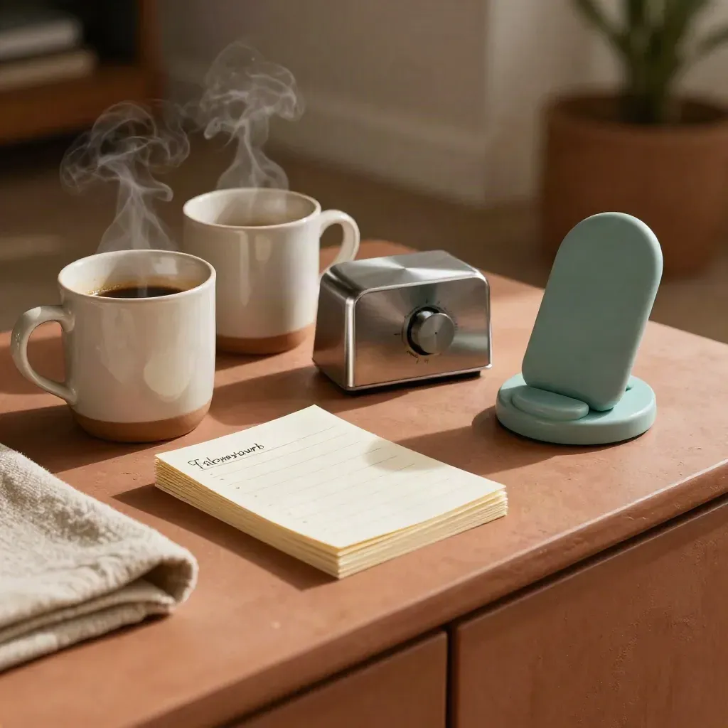 Sunlit check-in vignette with mugs, timer, sealed note cards and a turned-away phone dock.
