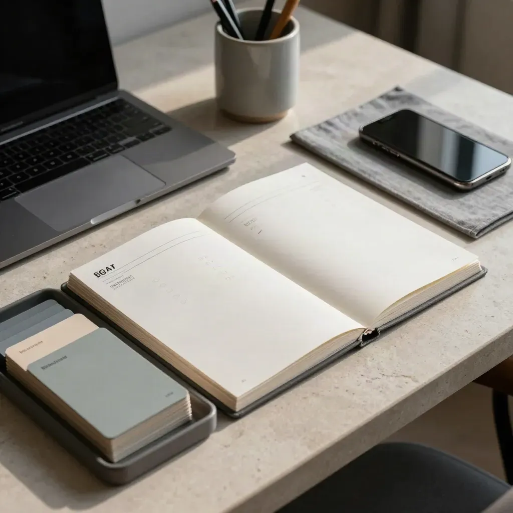 Tidy planning desk with color-coded task cards, closed laptop, pen cup and face-down phone.