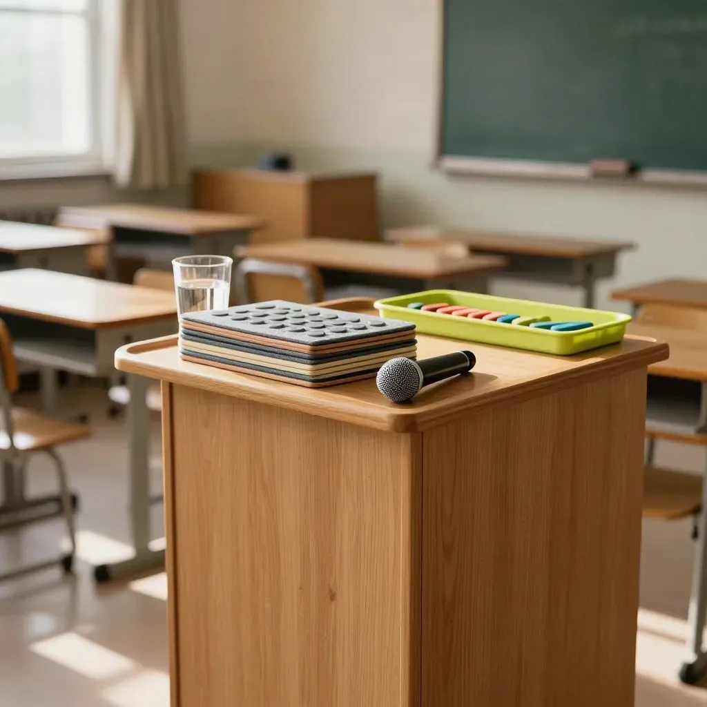 Empty classroom podium with lesson props, water glass and mic, seen from the front row in warm light.