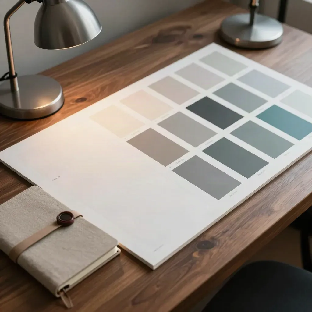Macro of blank planning boards, color chips, sealed notebook and lamp on a walnut worktable