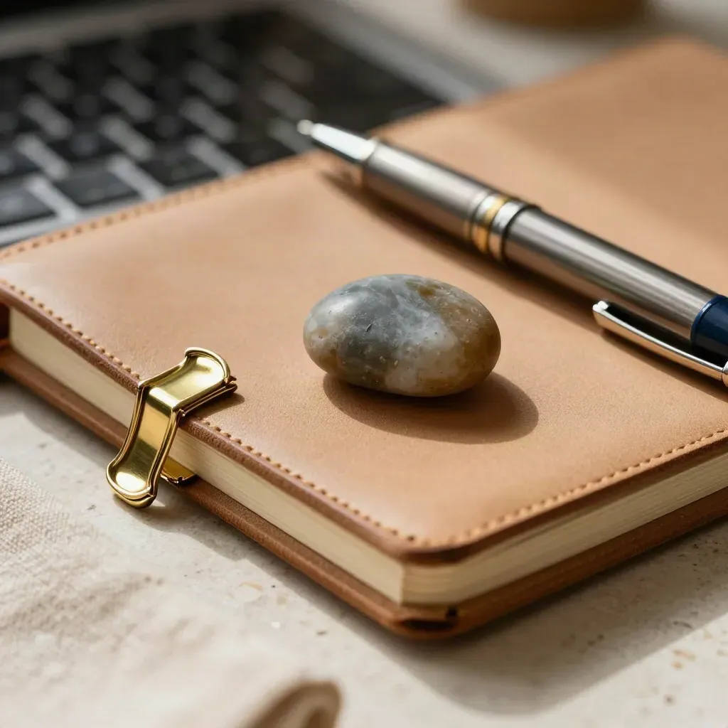Macro of coach tools on travertine: leather notebook edge, brass clips, stone, and worn pen.