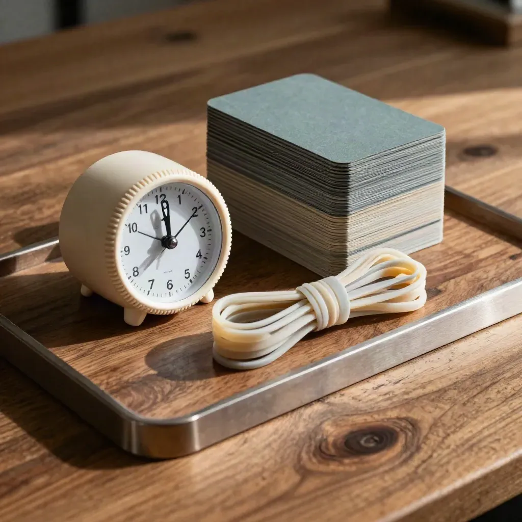 Timer, modular cards, rubber bands and tray on a walnut workbench under dramatic studio light.