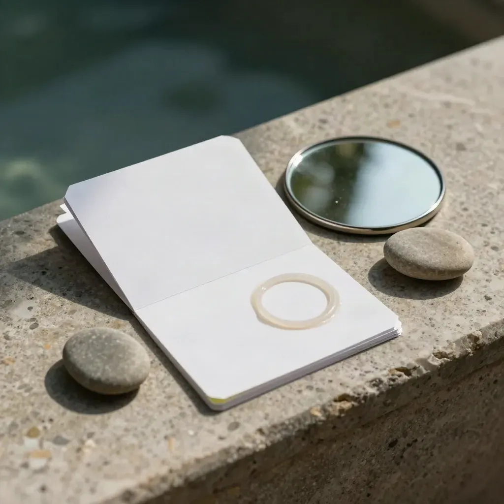 Face-down mirror, cue cards, pebble, and water ring on linen in soft daylight.
