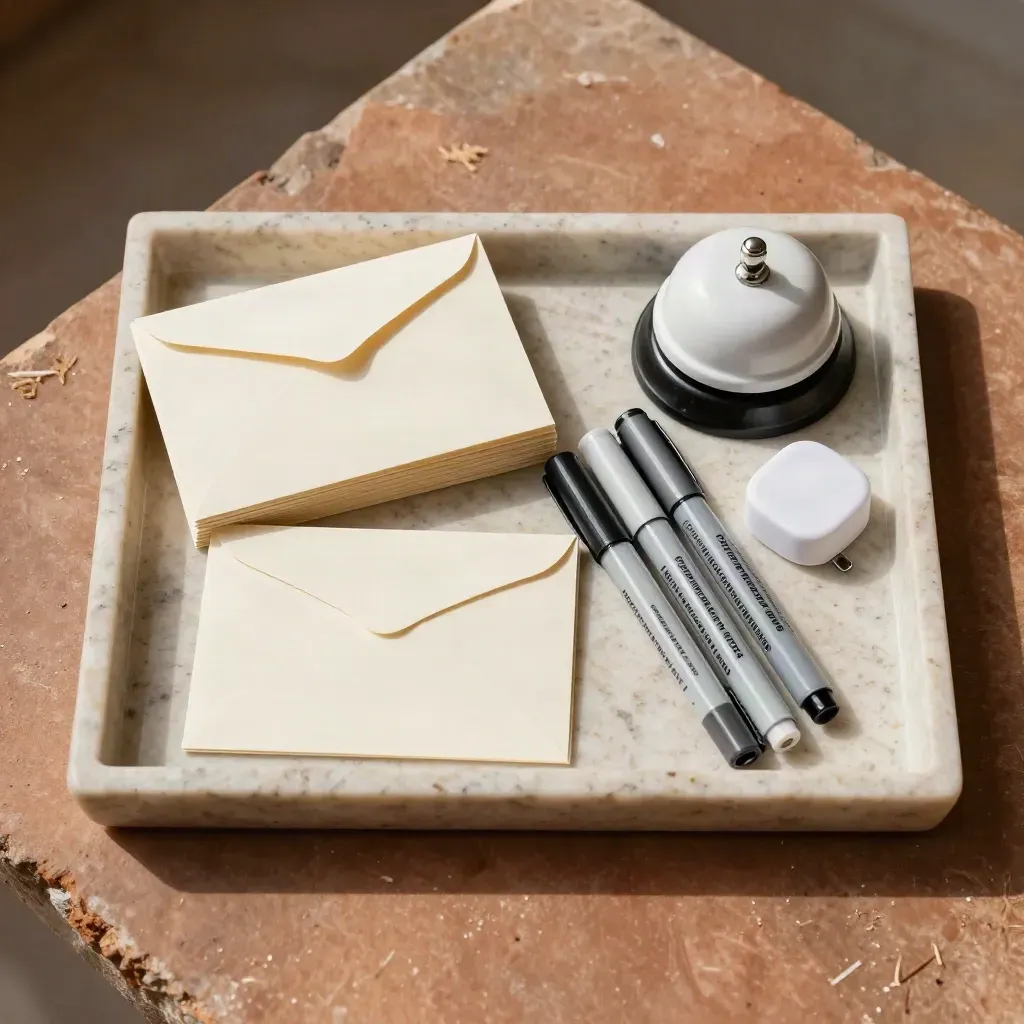 Top-down stone still life with sealed cards, bell, charging puck, and three markers on a diagonal.