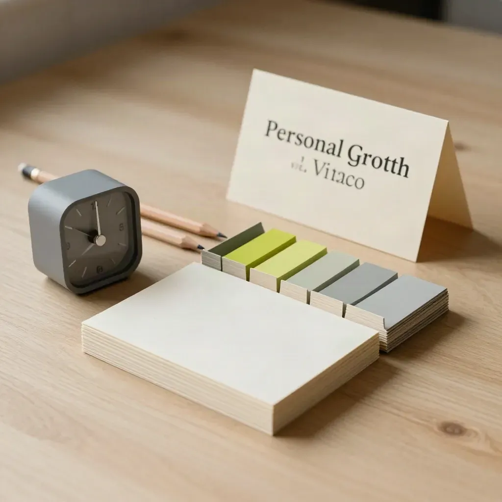 Planning cards, pencil, timer and dividers on pale wood in soft side light