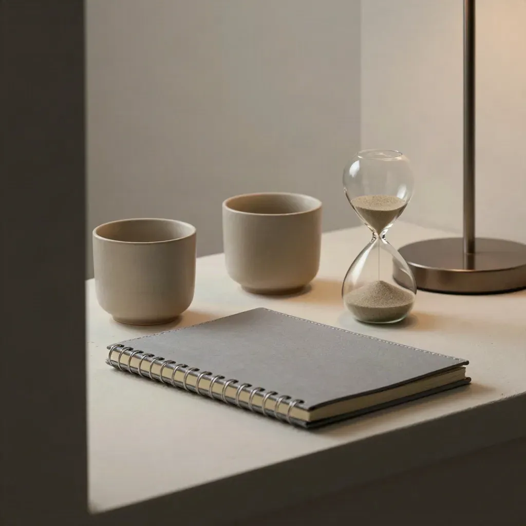 Ceramic cups, closed notebook, hourglass and lamp base on an off-white plaster sweep.