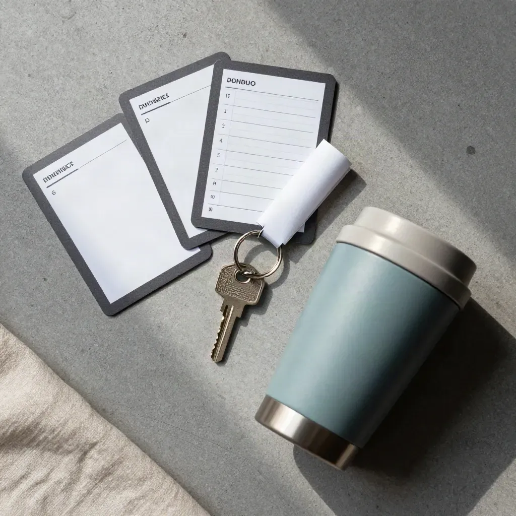 Overhead flatlay of action cards, a folded schedule strip, keys, and a travel mug on concrete.