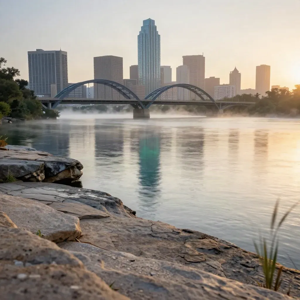 Austin skyline above misty Lady Bird Lake with the Congress Avenue Bridge at dawn