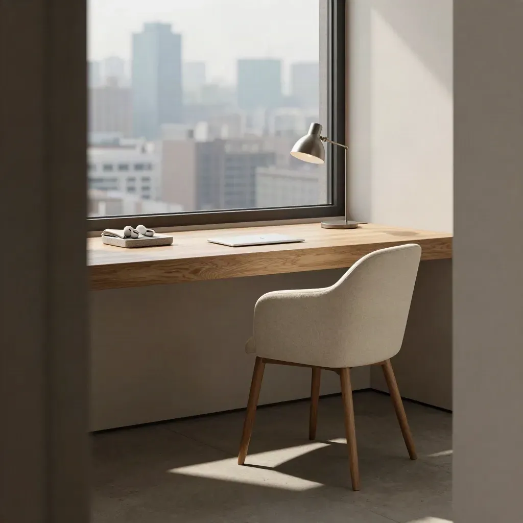 Quiet home-office threshold with cream chair, oak ledge, and blurred city view through a tall window.