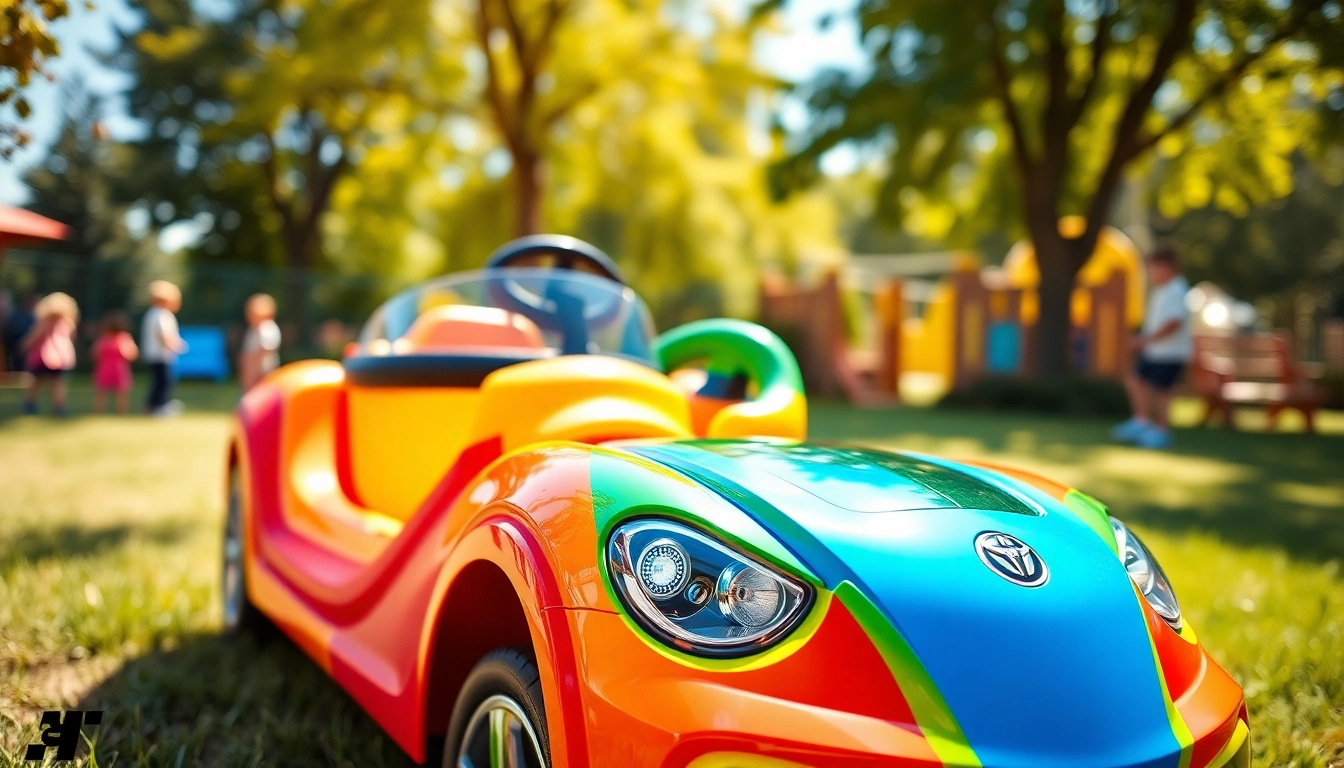 Children enjoying a thrilling ride on car in a sunny park setting with parental control features.