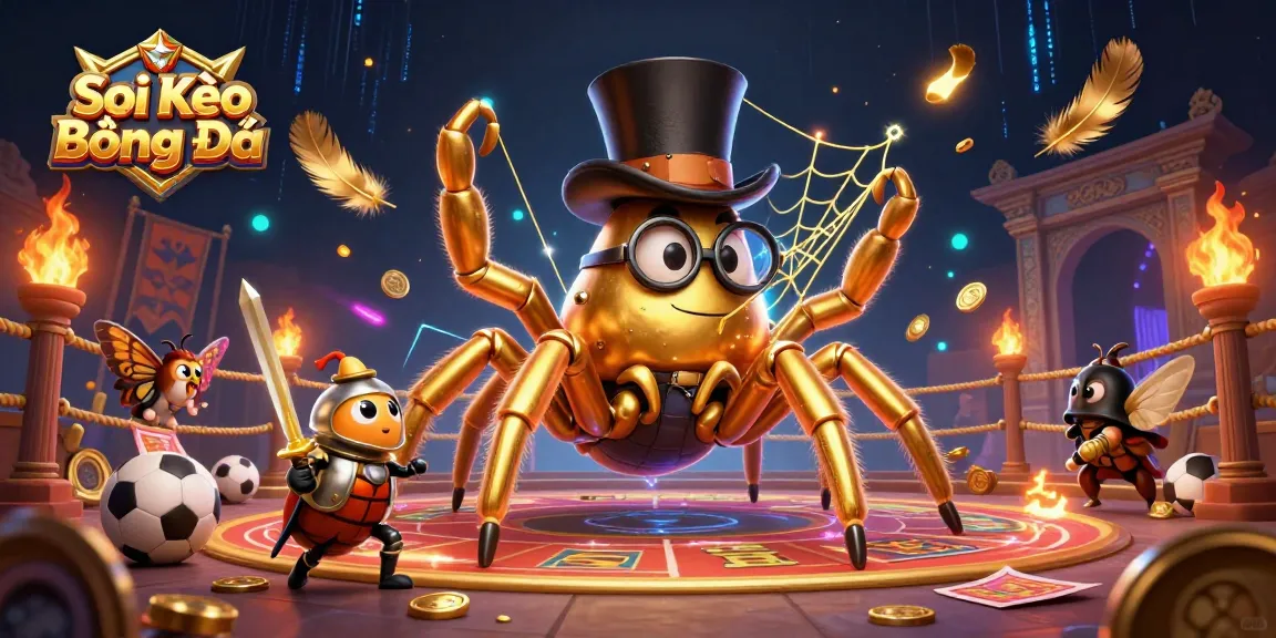 Soi Kèo Bóng Đá analysis with vibrant illustration of a golden tarantula and beetle knight in a dynamic sports betting scene.
